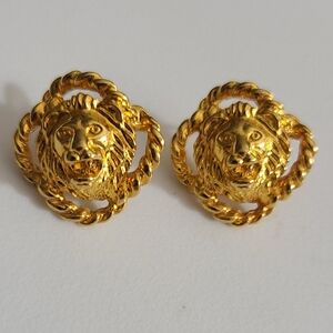 Vintage AK Anne Klein Lion Earrings Gold Estate Rope Pierced Studs